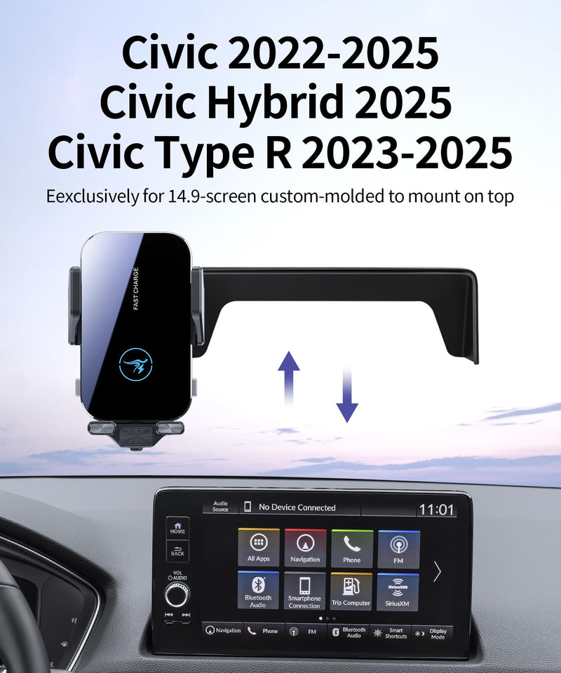 Wireless Charger Car Phone Holder for Honda Civic 2022-2026 7/9" Screen | Civic Hybrid 2025-2026,Auto Clamp Cell Phone Mount Accessories 15W Qi Fast Charging Stand Compatible with iPhone Android