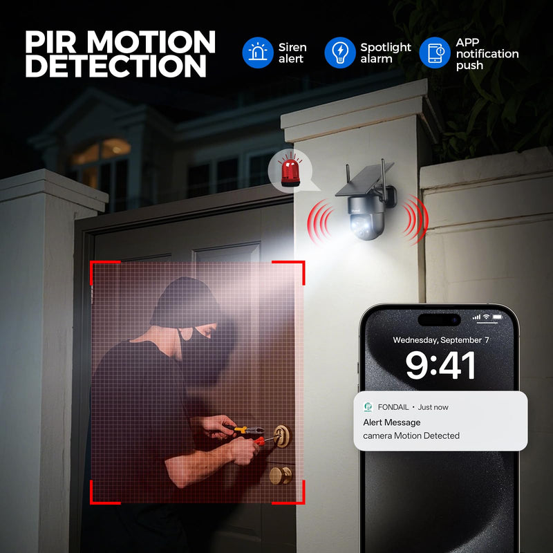 2K 2.4g WiFi Security Cameras Wireless Outdoor, 360° View Solar Cameras for Home Security, Color Night Vision, AI Detection, 2-Way Audio, Spotlight Siren Alarm, SD/Cloud Storage
