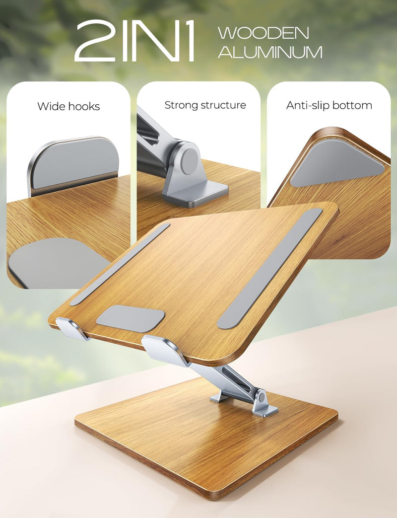 Wood + Aluminum Laptop Stand, Adjustable Height Ergonomic Laptop Riser Holder Mount, Portable Computer Notebook Stand for Desk, Compatible with MacBook Pro/Air, HP, Dell 10-16" (Walnut Grain)
