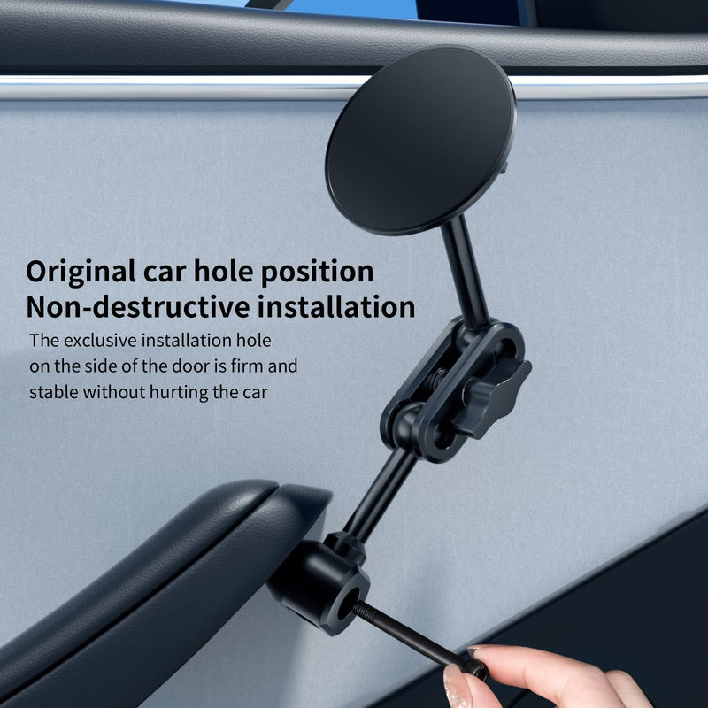 Magnetic Door Phone Mount for Tesla Model 3/Y 2021-2026, MagSafe Compatible Aluminum Alloy Phone Holder, 4D Adjustable, Strong Magnets, Factory Hole Install, No Drill, Includes Metal Ring