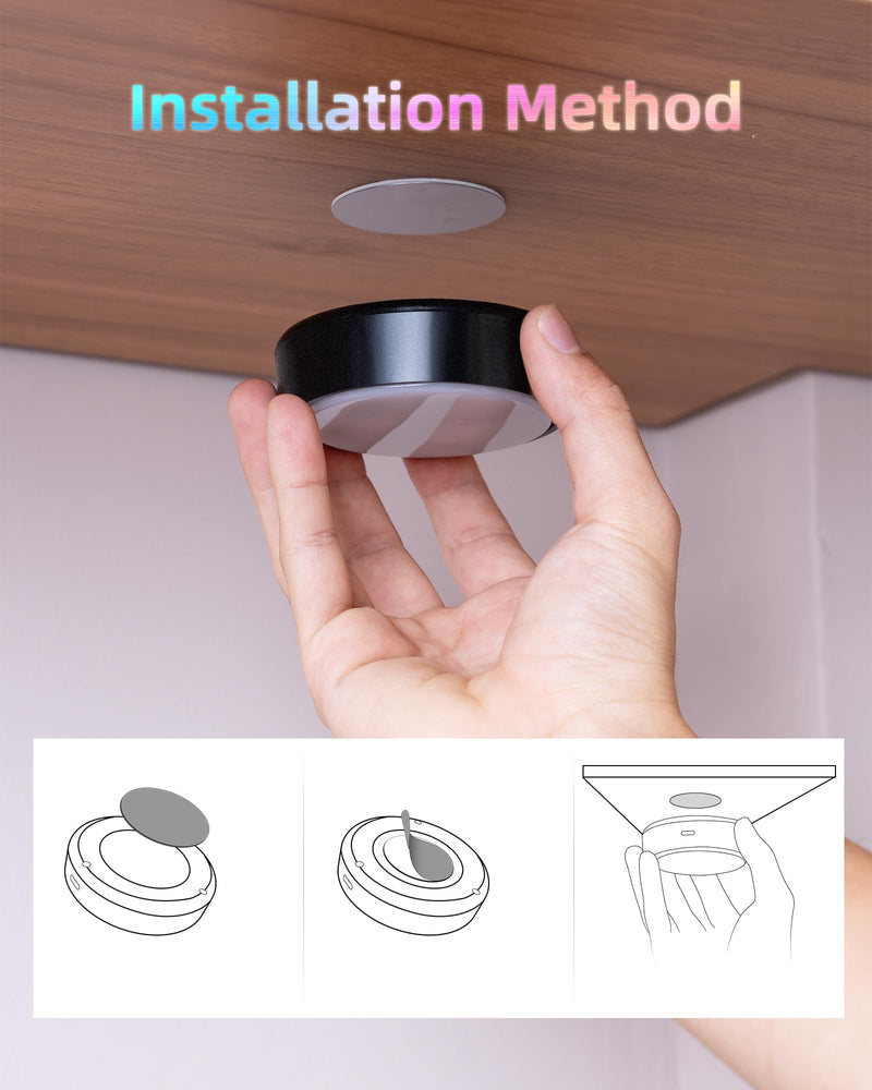 HOLKPOILOT Puck Lights with Remote,Under Cabinet Lights,2000mAh Battery Operated Closet Lights,Magnetic Under Cabinet Lighting Wireless, 3 Color Temps &7 RGB Colors，Black Rechargeable Puck Lights. Rechargeable-6pack-black