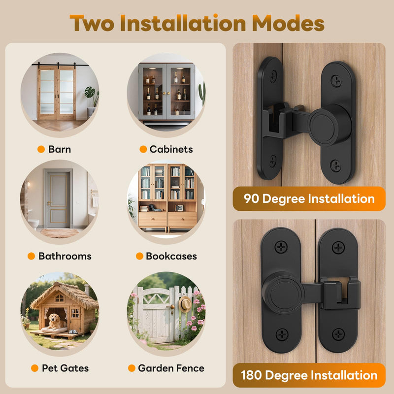 Barn Door Locks, 90/180 Degree Right Angle Flip Gate Latch Fit for Bedroom, Garden, Cabinet - Sturdy and Secure Sliding Barn Door Lock (Black-4 Pcs) Black-4 Pcs