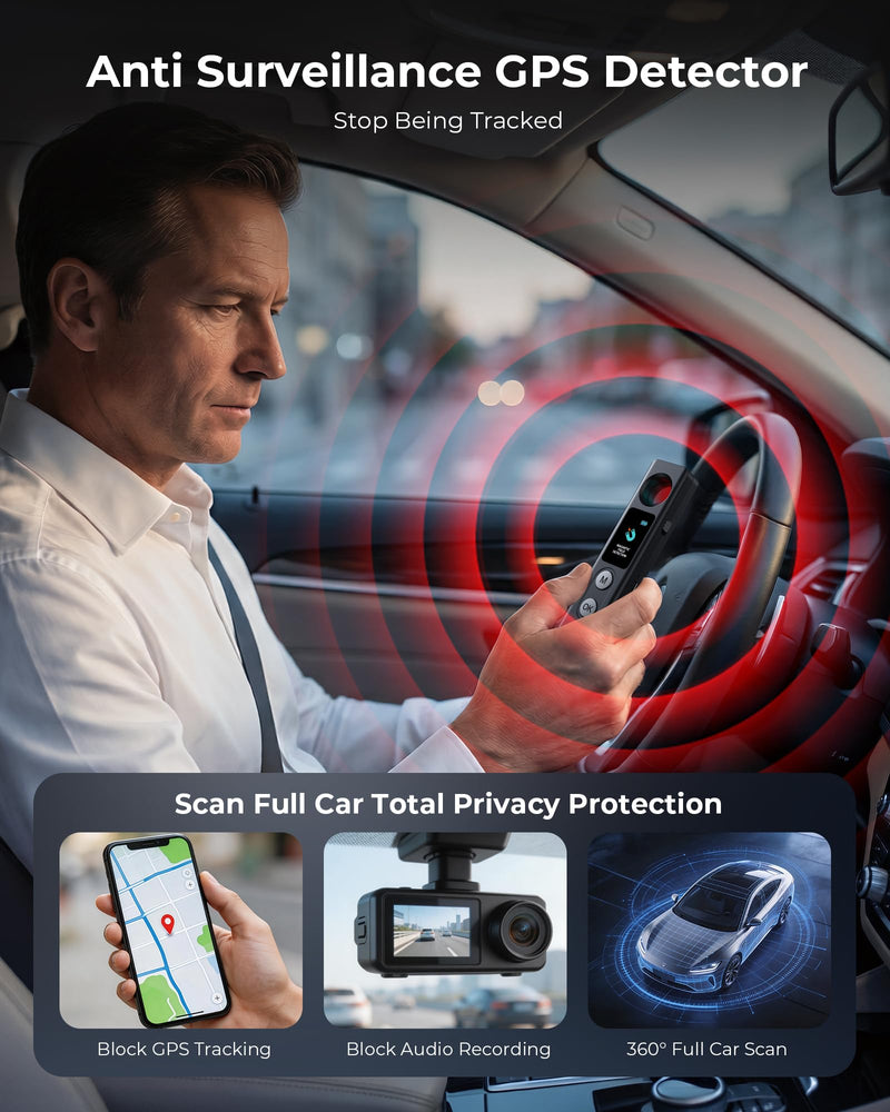 Hidden Camera Detectors, Anti-Spy Camera Finder with LED Screen Rechargeable GPS Tracker&Bug Detector, Anti-Theft Alarm, 7 Modes Portable Privacy Protection for Airbnb, Hotel, Car, Office Small