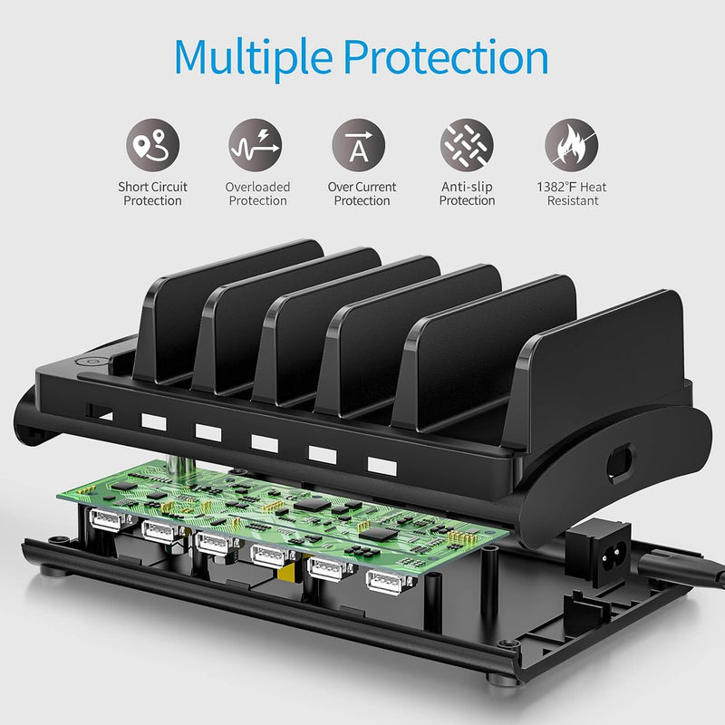Charging Station for Multiple Devices, Bototek 60W 6 Ports Multi Charger Station for iPhone, iPad, Cell Phone, Tablets, and Other Electronics (6 Ports-Black) 6 ports-black