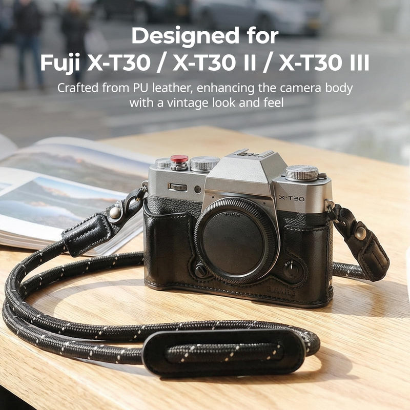 SMALLRIG Leather Case with Shoulder Strap for FUJIFILM X-T30 III/X-T30 II | Retro Style Camera Half Case with Aluminum Frame & Shutter Button Cap (Black) Black