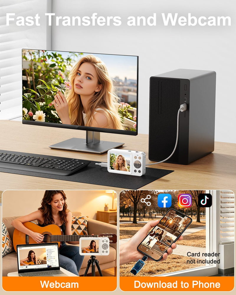 Digital Camera, 5K 80MP Dual Screen, Auto Focus for Beginners Teens | Point and Shoot Camera with 18X Zoom, 32GB Card & 2 Batteries, Great Travel Vlogging Camera for YouTube, White