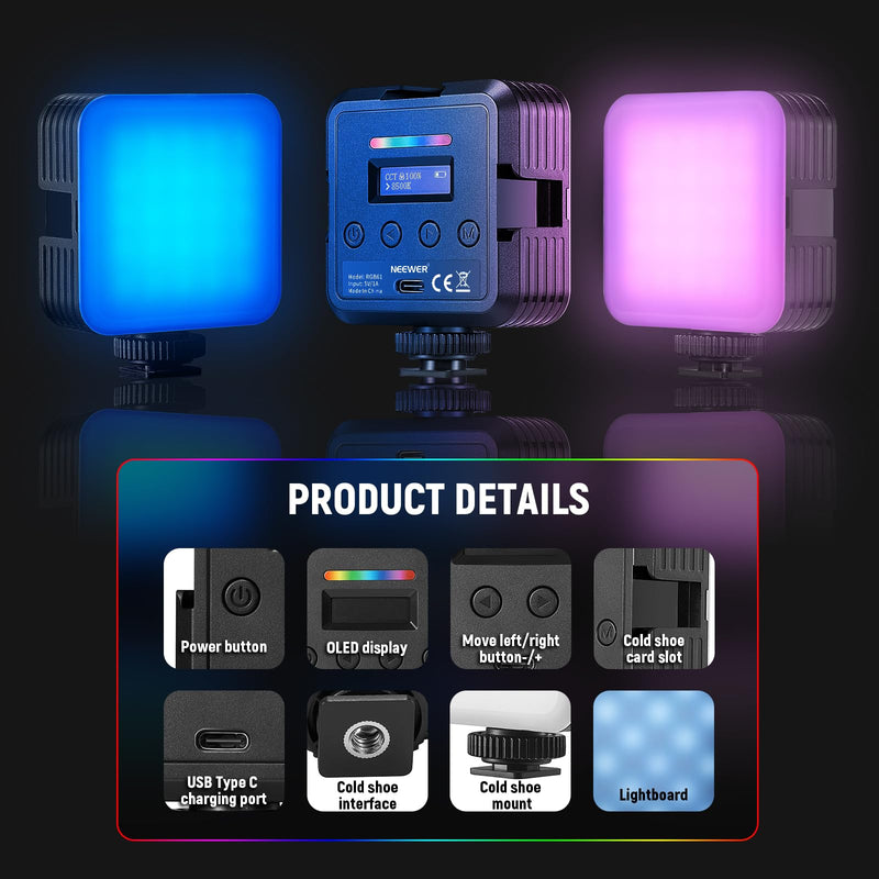 NEEWER Magnetic RGB Video Light, 2 Pack 360° Full Color RGB61 LED Camera Light with 3 Cold Shoe Mounts/CRI 97+/20 Scene Modes/2500K-8500K/2000mAh Rechargeable Portable Photography Selfie Lighting