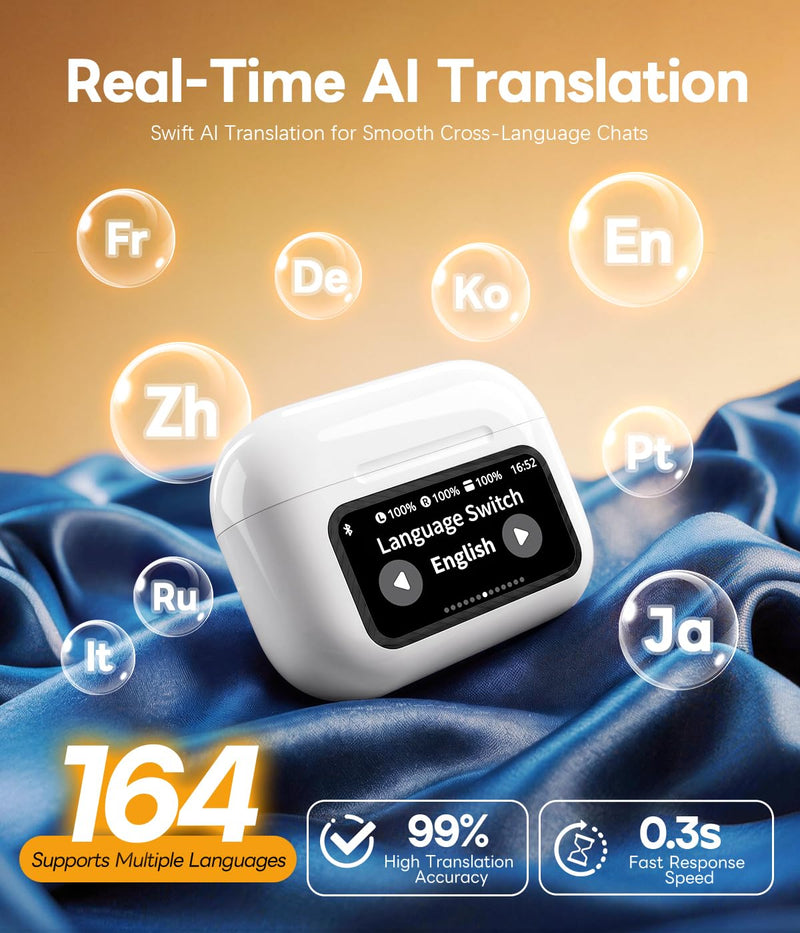 AI Real-Time Translation Wireless Bluetooth Headphones,Portable Noise Cancelling Earbuds with Built-in Translator for Travel Business Meetings,Long Battery Life Earphones Compatible,iOS/Android(White)
