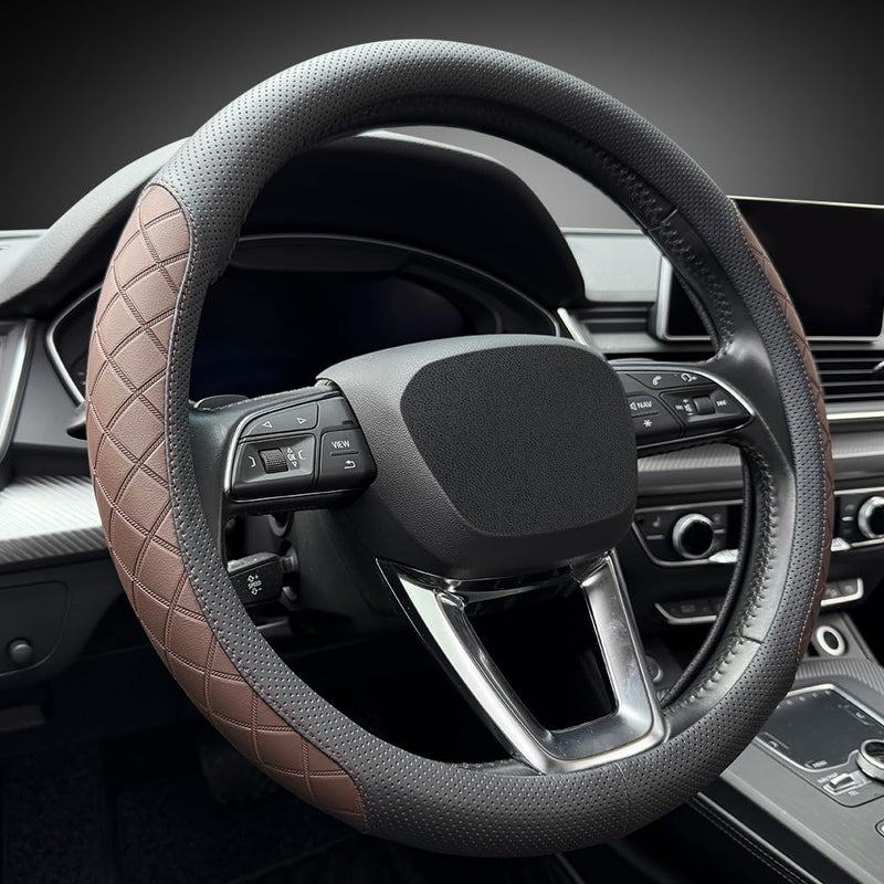 LKWLIKEI Nappa Leather Steering Wheel Cover,Elegant Diamond Checkered Design, Non-Slip wear-Resistant, Enhance Driving Comfort, Suitable for Steering Wheel Diameter 14 1/2‘-15’ Models.Black Brown Black Brown