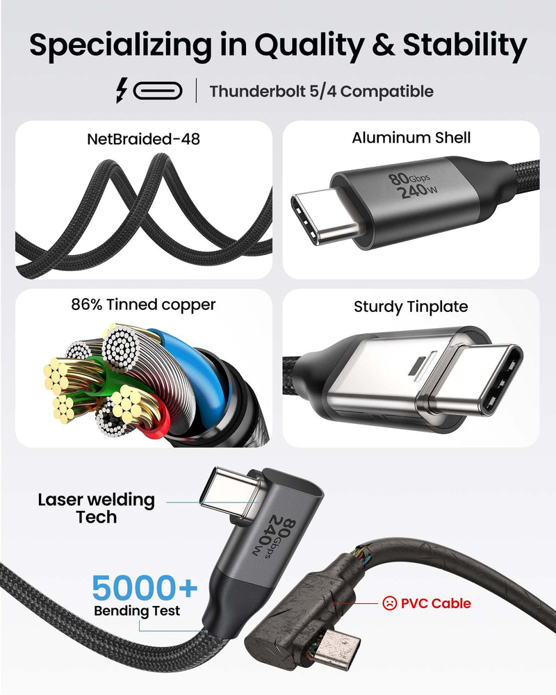 Silkland 80Gbps Right Angle USB 4 Cable for Thunderbolt 5 Cable 4FT, 120Gbps Bandwidth for 16K/Dual 8K, 240W, 90 Degree Braided USB C Video Cable Compatible Thunderbolt 4/5, MacBook M4 Pro,Dock 1