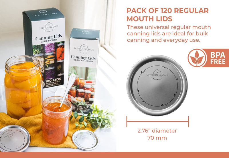 Saffron & Sage Canning Lids Regular Mouth - 120 Count Quality Universal Lids for Ball, Kerr Mason Jars - Good Sealing Performance for a Tight Seal, Food Grade, Rust Proof, and Thick to Prevent Warping 70mm