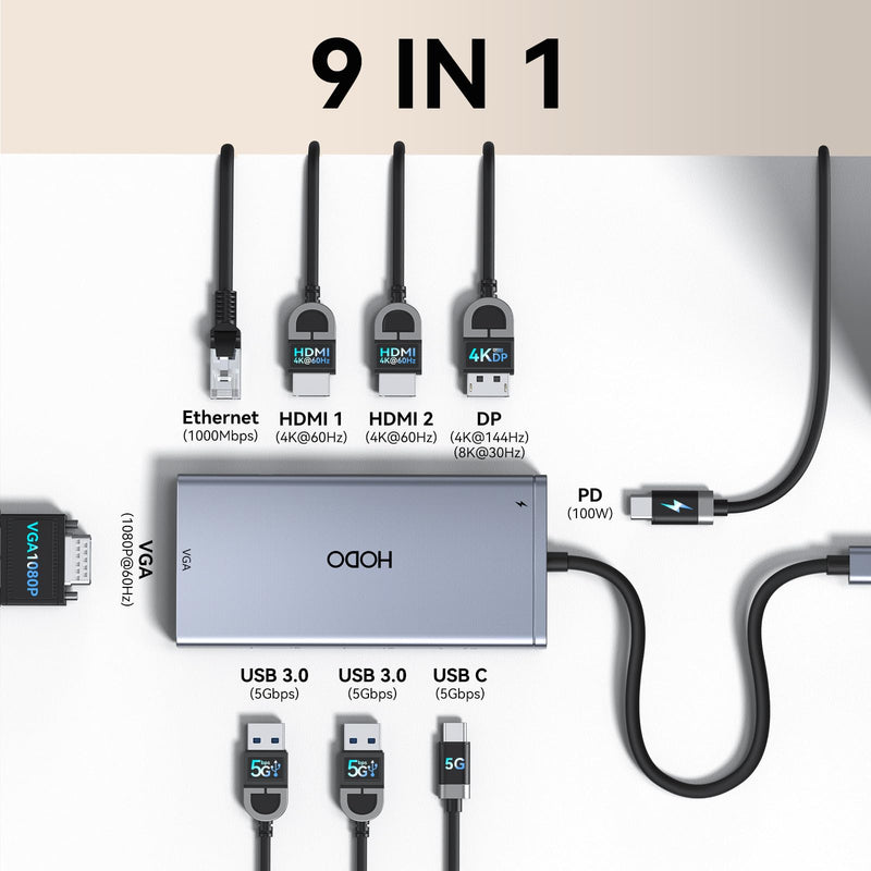 USB C Docking Station Dual Monitor for HP,Laptop Docking Station 3 Monitors | USB C Hub Quad Display USB C Adapter to 2 HDMI,DP,VGA,3 USB,PD,Ethernet,USB C Dock 9 in 1 Computer Docking Station for Dell 9-in-1(Gray)