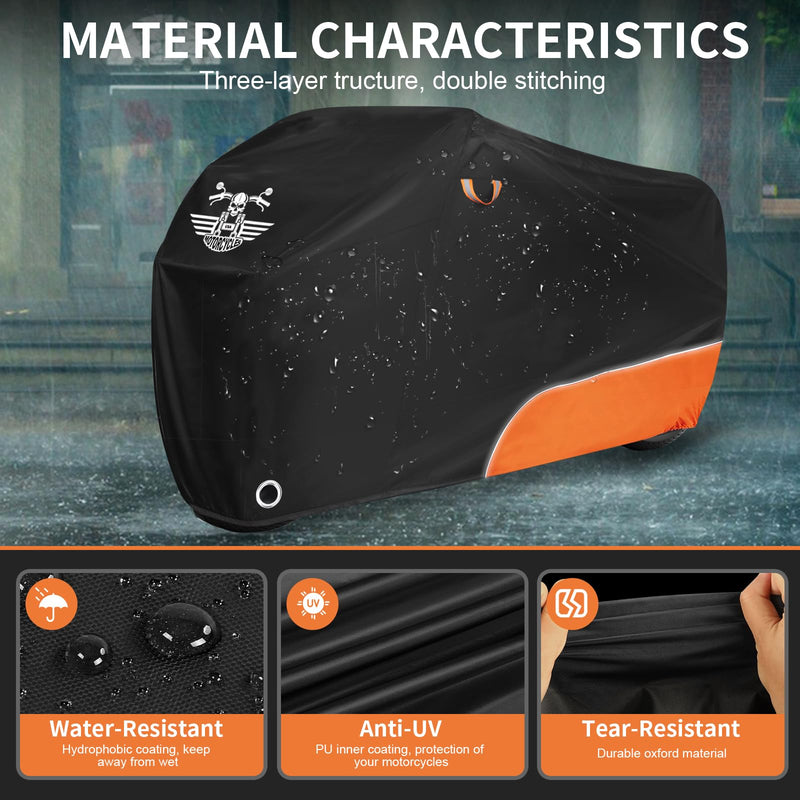 Motorcycle Cover Waterproof Outdoor Storage with Lock-Holes, Zipper Storage Bag & Night Reflective Design, All Season Protection Powersports Vehicle Covers Fits up to 96.5" Motorcycles 210D Orange 96.5"