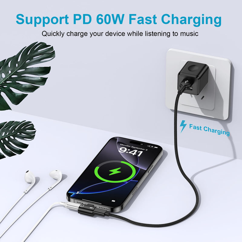 USB C Samsung Headphone and Charger Adapter 2in1 Type C to USB C Audio Jack | PD 60W Fast Charging Aux Dongle Cable Conventor for Galaxy S26/A17/A16/A15/5G/A36/A56/S25 Ultra iPhone 17e/17/16 Pro Max black