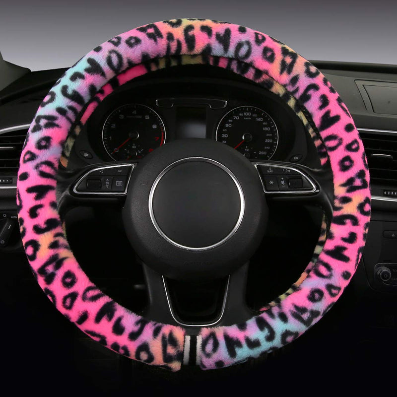 HEHA Fluffy Steering Wheel Cover for Women,Girly,Fuzzy Steering Decor,Plush, Leopard Print,Sweat-Absorb,Universal 15 Inch,Red (Fluffy-Leo) FLUFFY-LEO