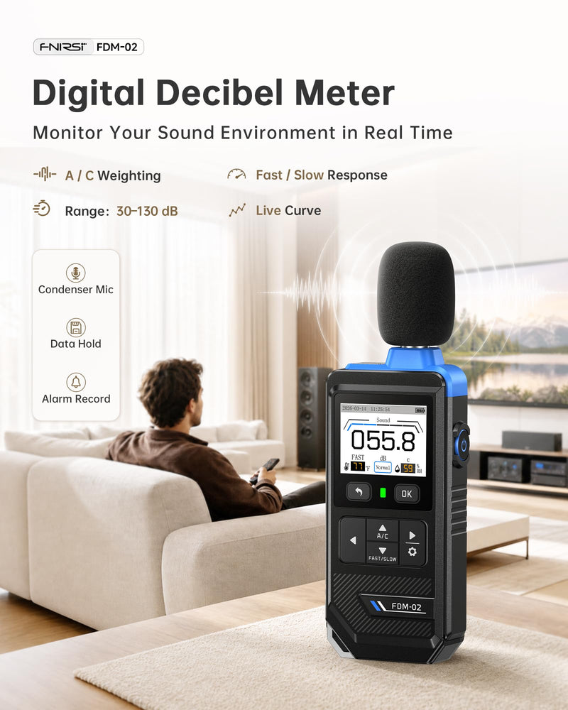 FNIRSI FDM-02 Decibel Meter, 30–130dB Sound Level Meter with 2" IPS Screen, A/C Weighting & Fast/Slow Response, Rechargeable for Home, Audio & Workplace Noise