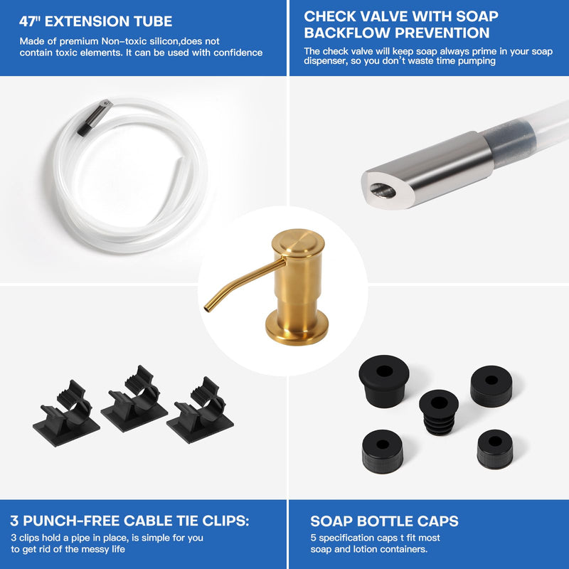 Soap Dispenser for Kitchen Sink, Brushed Gold Built in Soap Dispensers, Stainless Steel Sink Soap Dispenser or Lotion Dispenser Pump with 47" Extension Tube Kit, Upgraded Metal Check Valve