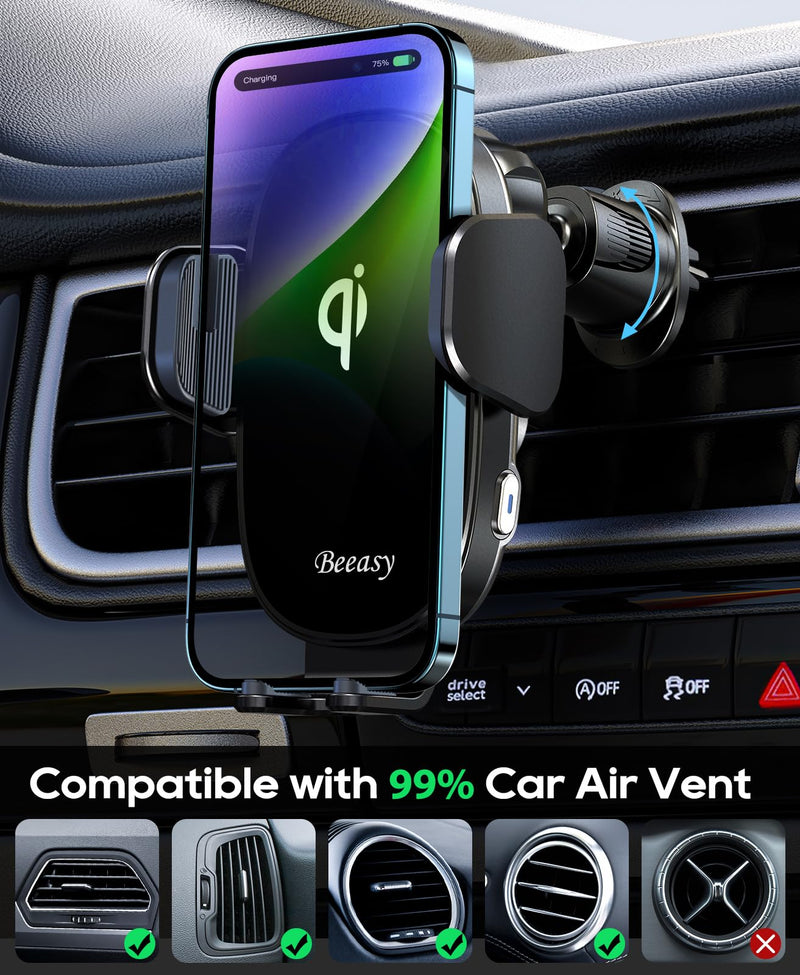 Beeasy 15W Mobile Phone Holder Car with Charging Function-Wireless Charger Car Automatic Inductive Charging Station Car-Mobile Phone Holder Car Charger Ventilation for iPhone Samsung Huawei LG etc