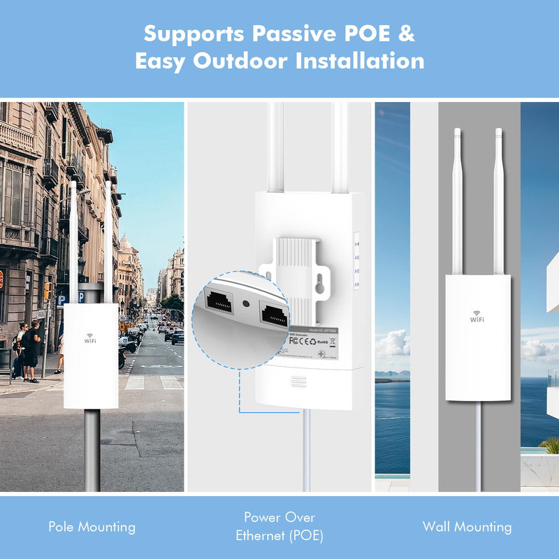 AC1200 Outdoor Access Point, IP66 Weatherproof Gigabit WiFi Extender with Long Range 2 * 5 dBi Antennas, Triple-Chip Wireless Repeater, Support Fat/Fit AP, POE Power (NA7202) white