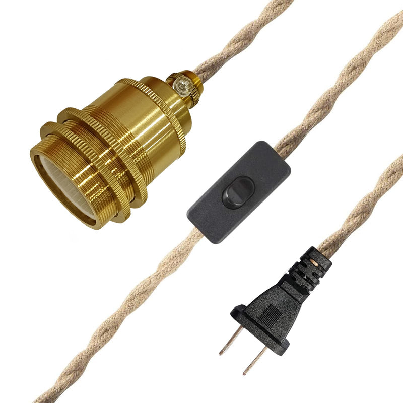 2 Pack Gold Pendant Light Cable DIY Kit, Industrial Vintage Plug in E26 Socket Hanging Lamp, Hemp Rope Hanging Lighting with Switch for Bedroom Hallway Kitchen Living Room Farmhouse(Bulb Not Included) Gold-3M-2PC