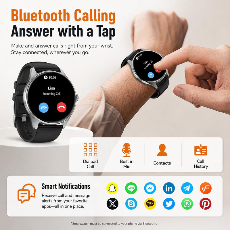 Smart Watches for Men Women, 1.43" AMOLED Display, 7-Day Battery Life, 120+ Sport Modes with Heart Rate Sleep Monitor, Bluetooth Calling, IP68 Waterproof Fitness Watch for iPhone Android (Black) Black