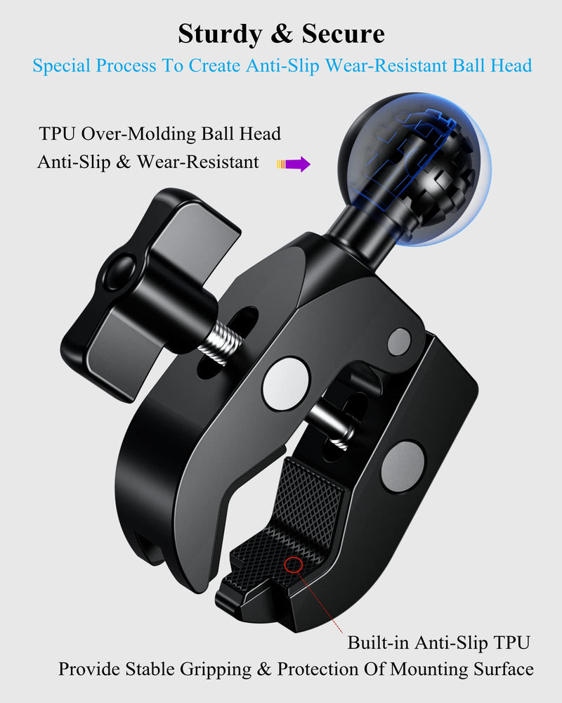 BRCOVAN Aluminum Alloy Handlebar Clamp Mount Base with 1'' TPU Ball for Rails 0.5'' to 1.75'' in Diameter, Compatible with RAM Mounts B Size Double Socket Arm & Bike Motorcycle Phone Mount Holder