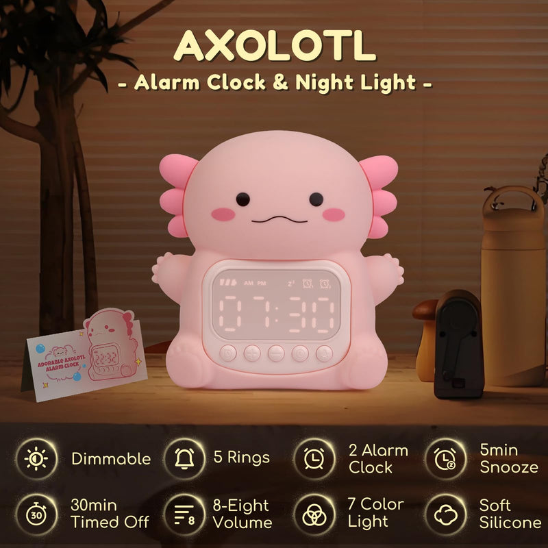 Yiliaw Axolotl Alarm Clock with Night Light for Kids, 7 RGB Color Cute Alarm Clocks for Bedrooms Ok to Wake Clocks, Silicone Animal Tabletop Lamp for Teen Girls Boys