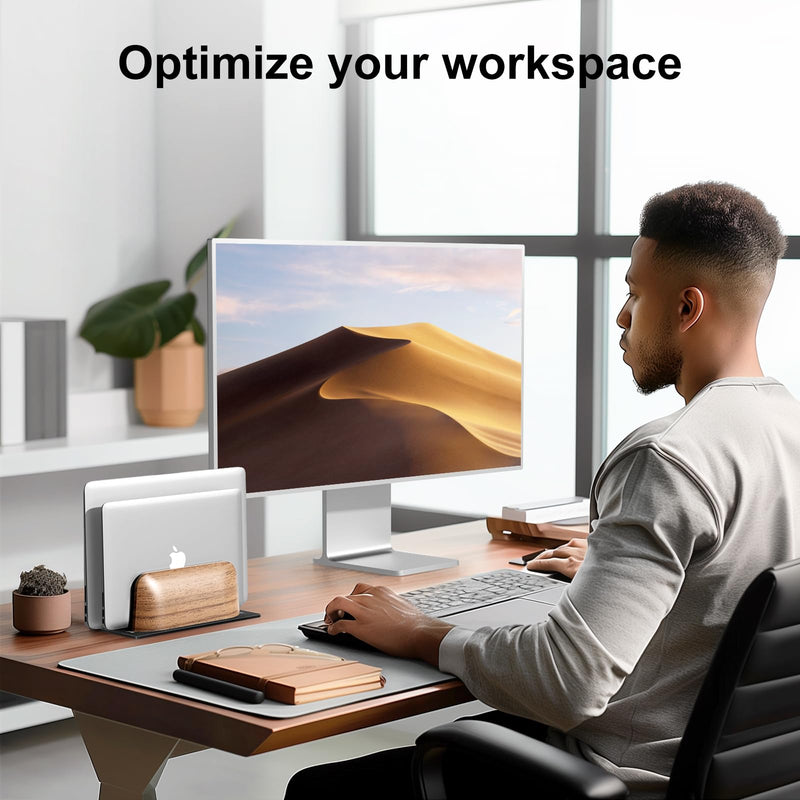 UPERGO Vertical Laptop Stand, Dual Slot Wooden Laptop Holder Vertical for Desk, Width Adjustable Dock for MacBook Pro and Other Laptops Black Walnut