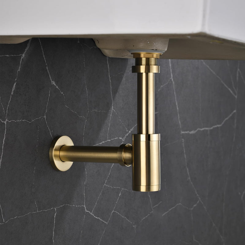 Bathroom Brass Contemporary Round Bottle P Trap 1-1/4, Lavatory Adjustable Basin Sink Waste Drain P-Trap Kit, General US Standard, Brushed Nickel Gold