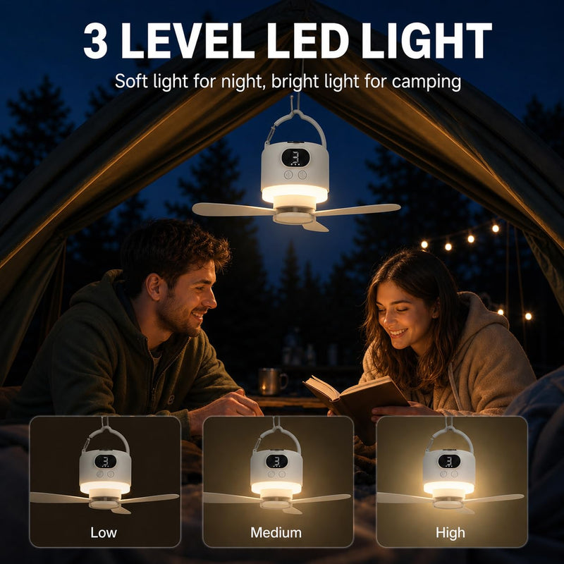 Camping Tent Fan with Light, Rechargeable Hanging Fan with Remote | 10400mAh Rechargeable Battery, USB-C Charging, 3 Speeds, Timer, LED Light, Tent, RV & Outdoor Use White