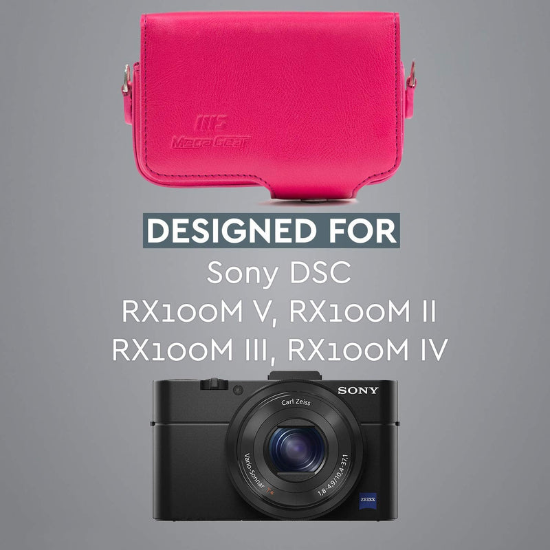Megagear Leather Camera Case with Strap Compatible with Sony Cyber-shot DSC-RX100 VII, ZV-1, DSC-RX100 VI, DSC-RX100 V, DSC-RX100 IV, DSC-RX100 III, DSC-RX100 II - Hot Pink