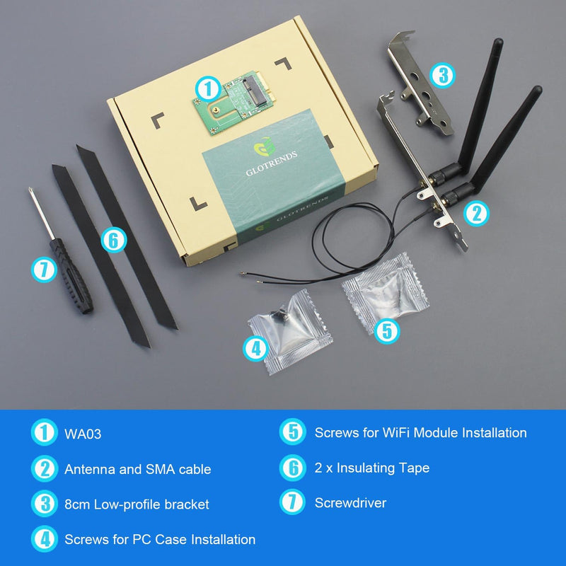 GLOTRENDS WA03 M.2 Key E to Mini PCIe WiFi Adapter for M.2 WiFi 4/5/6/6e/7/Coral TPU Module, with 3.5-dBi SMA Antenna Kits