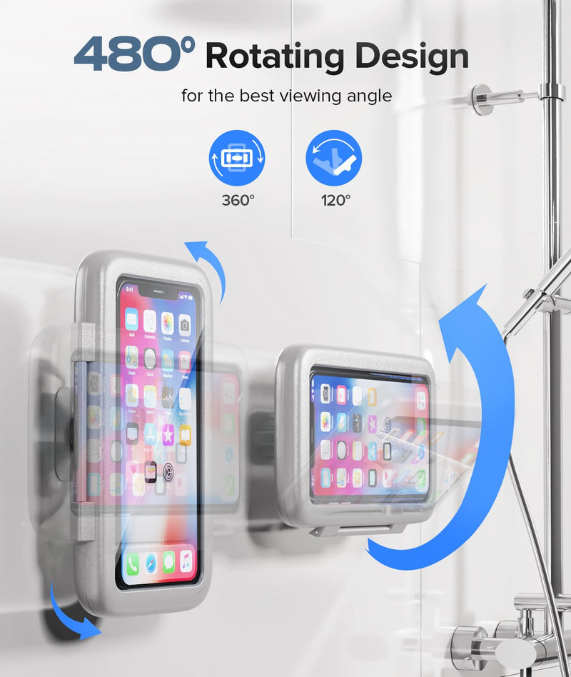 LC-dolida Shower Case Phone Holder Waterproof 480 Rotation Phone Stand Mount for Bathroom Batheub Kitchen Wall Mirro Compatible with iPhone 15 14 13 12 11 Plus Pro Max XS XR Cell Phone Light Grey