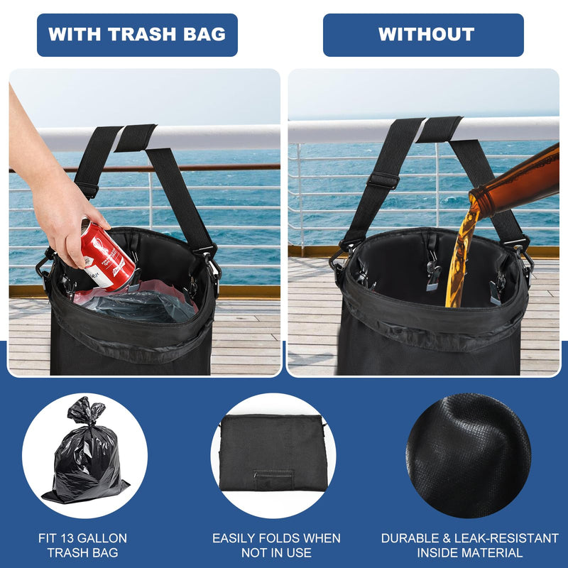 Waterproof Boat Trash Can with 6 Clips, 13 Gal Boat Trash Bag Holder with Pocket, Reusable Fast Cleaning Pontoon Boat Accessories, Marine Boat Garbage Can for Fishing, Sandbar, or Camping Black