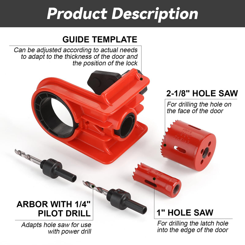 Door Lock Installation Kit - C-Clamp Design Tool-Free Clamping for Metal & Wood Doors, 2 Adjustable Bushings, with Bi-Metal Hole Saw & Anti-Warp Backing Plates (Red) Red