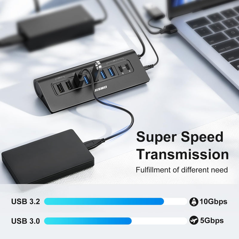 Powered USB Hub, 10Gbps 9-Port JESWO USB Hub, USB 3.2 45W Charging for PC | USB C Hub with 65W adapter, 2 USB 2.0 + 4 USB 3.0 + 3 USB 3.2 A+C ports, Aluminum for PC, Mac, laptop, desktop, and iPhone Black