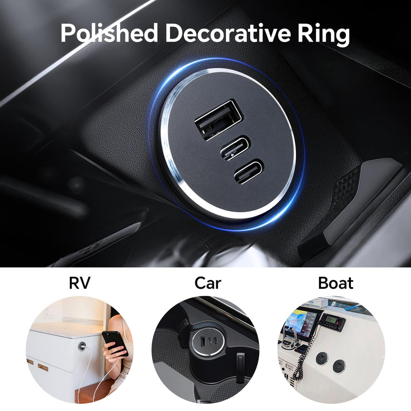 78W 12V USB Outlet with Silver Ring, Aluminum Car USB C Socket | PD3.0 & QC3.0, 3 Port Fast Charging, Mulit-Protection, No Backlight, Low Standby Power, For RV, Boat, Caravan, Camper Trailer 2Pcs
