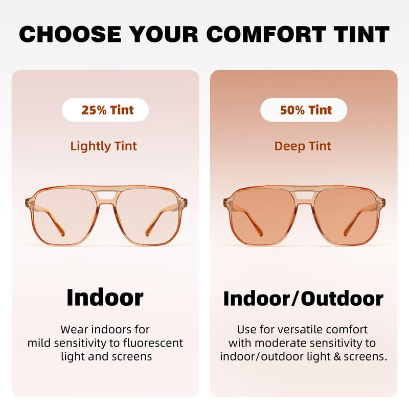 Rose Tinted FLuorescent-41 Migraine Glasses for Light Sensitivity and Photophobia,Indoor/Outdoor Fluorescent Eyewear 25% Rose Tinted Lens - Champagne Frame