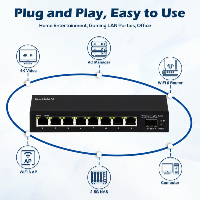8 Port 2.5G Unmanaged Ethernet Switch 8x2.5GBase-T Ports 1x10G SFP+ Fiber Switch 60Gbps Bandwidth Desktop/Wall Mount Plug and Play Compatible with 100/1000/2500Mbps(9port| 8×2.5G + 1×10G SFP+) 9port| 8×2.5G + 1×10G SFP+