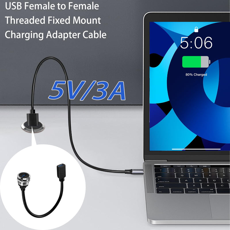 USB 3.0 Female to Female Panel Mount Cable, 5Gbps 3A Charging Bulkhead Connector, 25cm/9.84in Threaded M21 Adapter for Car Desk RV Boat(F-F)