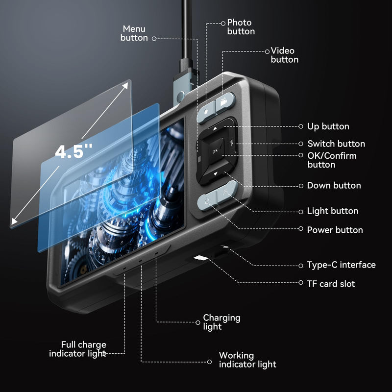 KIRFEIHT Endoscope Camera with Light, Dual Lens IP67 Waterproof Industrial Borescope with 32GB Card, Detachable 16.4FT Semi-Rigid Snake Cord, Android & PC Compatible for Plumbing HVAC Automotive Dual-Lens