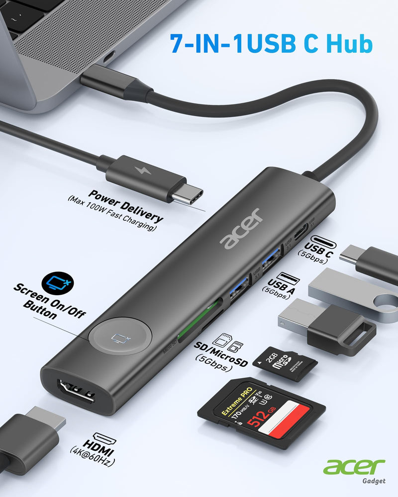  [AUSTRALIA] - Acer 4K@60Hz USB C Hub, 7 in 1 USB C to HDMI Splitter with USB-A 3.1 & Type-C Data Port, 100W PD & SD Card Reader, USB-C to HDMI Adapter for iPad Pro MacBook Pro Laptops & Other Type C Device - Black