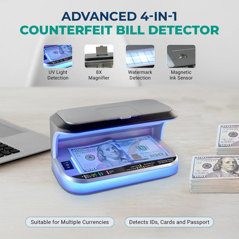 K440 Ultraviolet Counterfeit Bill Detector, Magnetic Ink Sensor, Backlight for Watermark Detection, Built-in Magnifier for Money, Credit Cards and IDs K440