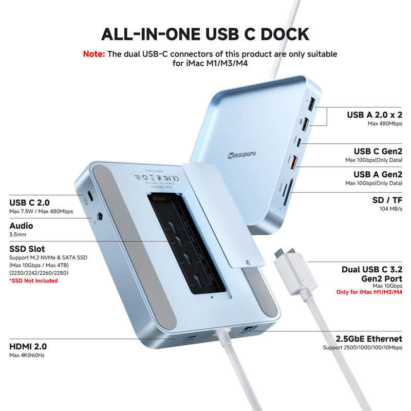 Minisopuru DS802PRO iMac Docking Station for 24 inch iMac M1/M3/M4/M5, Blue | iMac Hub with Max 4TB M.2 SSD Enclosure, 4K@60Hz HDMI, USB-C Charging, 2.5GbE, 10Gbps Data, 4 USB, SD/TF, Audio for 24" iMac.