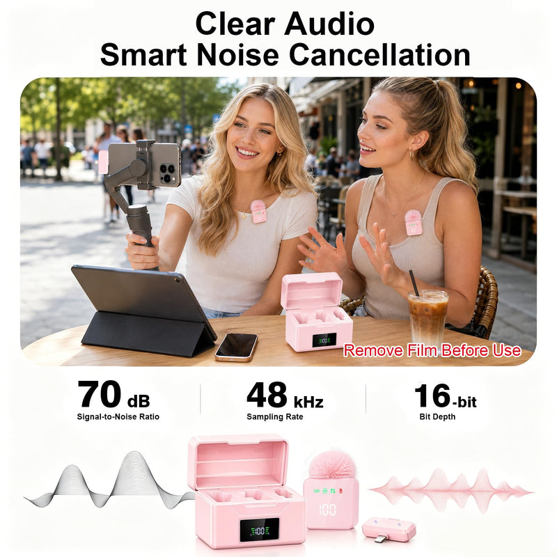 2 Mini Wireless Lavalier Microphones for iPhone & Android, Noise Cancelling, Plug & Play, 60H Battery with Charging Case, Portable Lapel Mic for Content Creators, Podcast, Streaming (Pink) Pink 2
