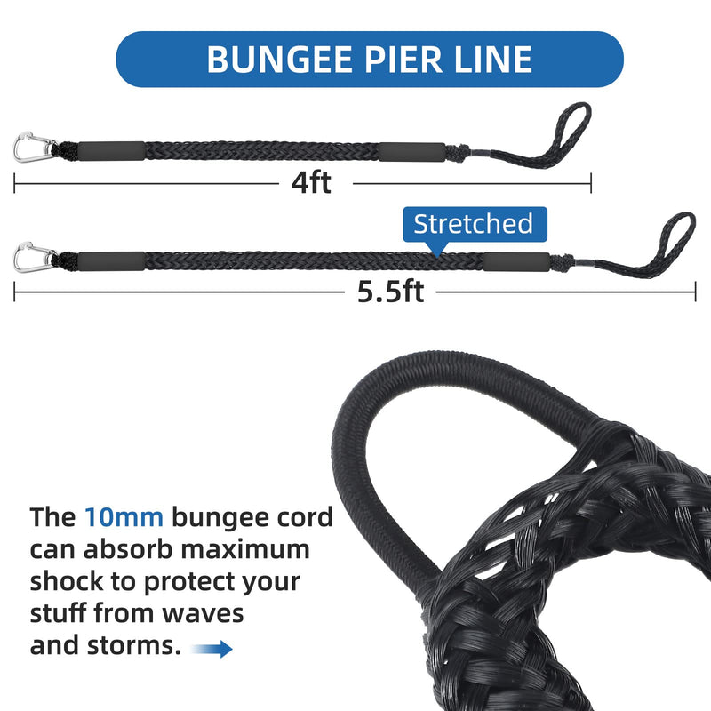Bungee Dock Lines for Boats 4ft, 2 Pack Shock Absorbing Mooring Ropes with 316 Stainless Steel Clips, Marine Grade PWC Accessories for Jet Ski, Kayak, Pontoon, Watercraft Black