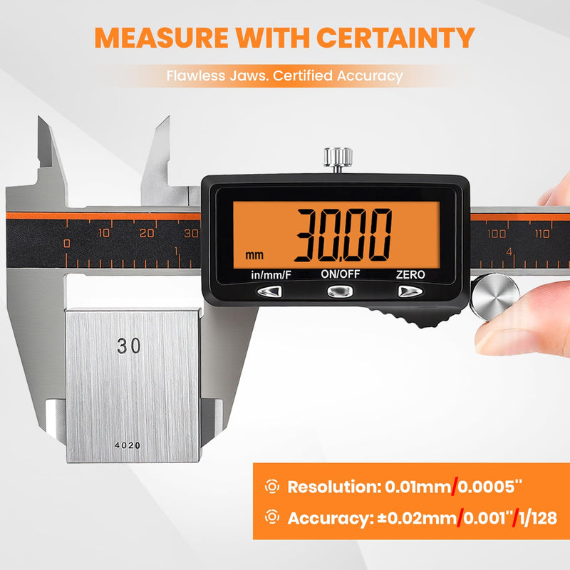 HARDELL Digital Caliper, 6" Rechargeable Caliper Measuring Tool with Large Orange Screen (Non-Backlit), Stainless Steel Digital Micrometer with Auto-Off, Inch/MM/Fraction for DIY/Household/3D-Printing | Precise Measurements, Digital Display 6 Inch