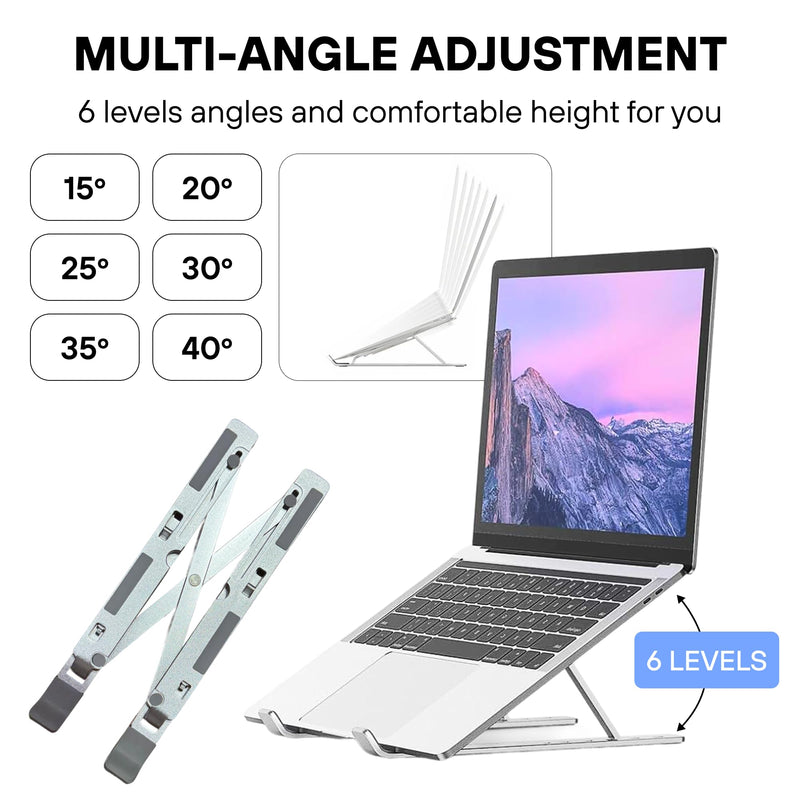 Adjustable Laptop Stand – Ergonomic Aluminum Riser for Desk, Fits 9"-15.6" Laptops Foldable, Portable, Ventilated, Sturdy, Anti-Slip, Ideal for Home & Office
