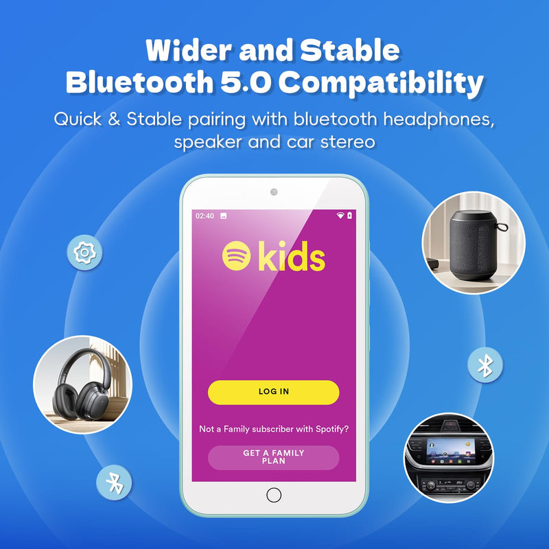 MP3 Player for Kids with Spotify, Parental Controls,Dual Camera,Audible | Audible,Amazon Music,Android Music MP4 with Bluetooth and WiFi,4" Touch Screen,Built-in speaker,No FM radio,No Browser