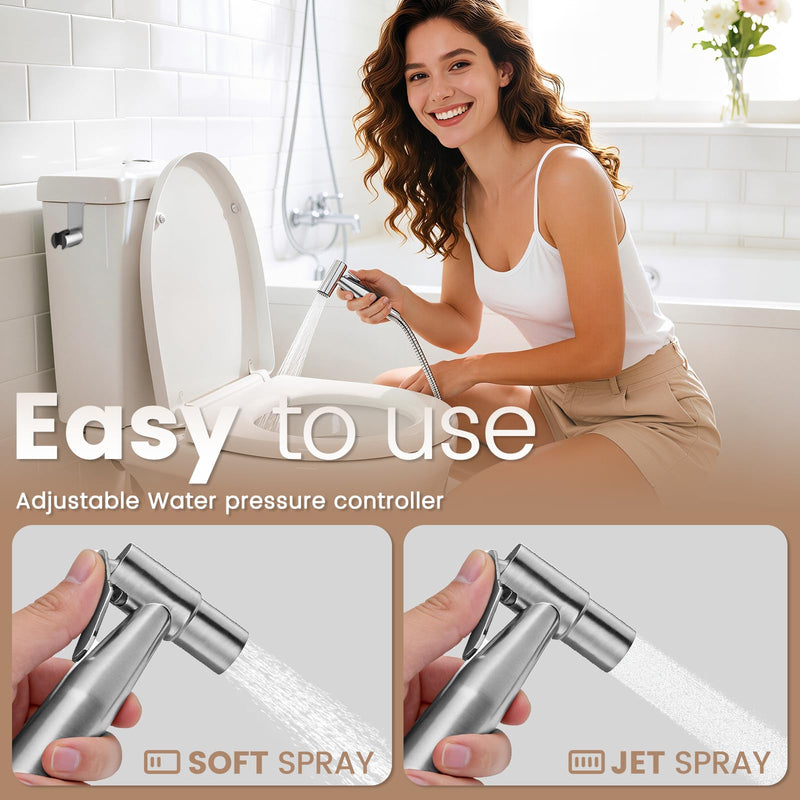 Handheld Bidet Sprayer for Toilet - Premium Adjustable Water Pressure Brushed Nickel Stainless Steel Jet Spray Kit, Bathroom Attachment for Feminine Wash, Baby Cloth Diaper Cleaning & Hygiene KPGFWY